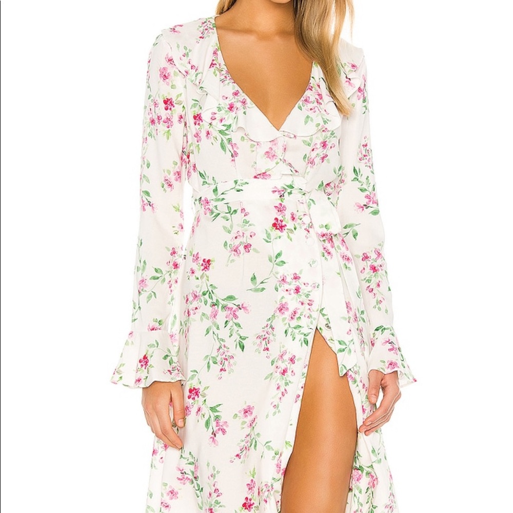 Majorelle Small White Pink Floral MIDI button up tie dress.